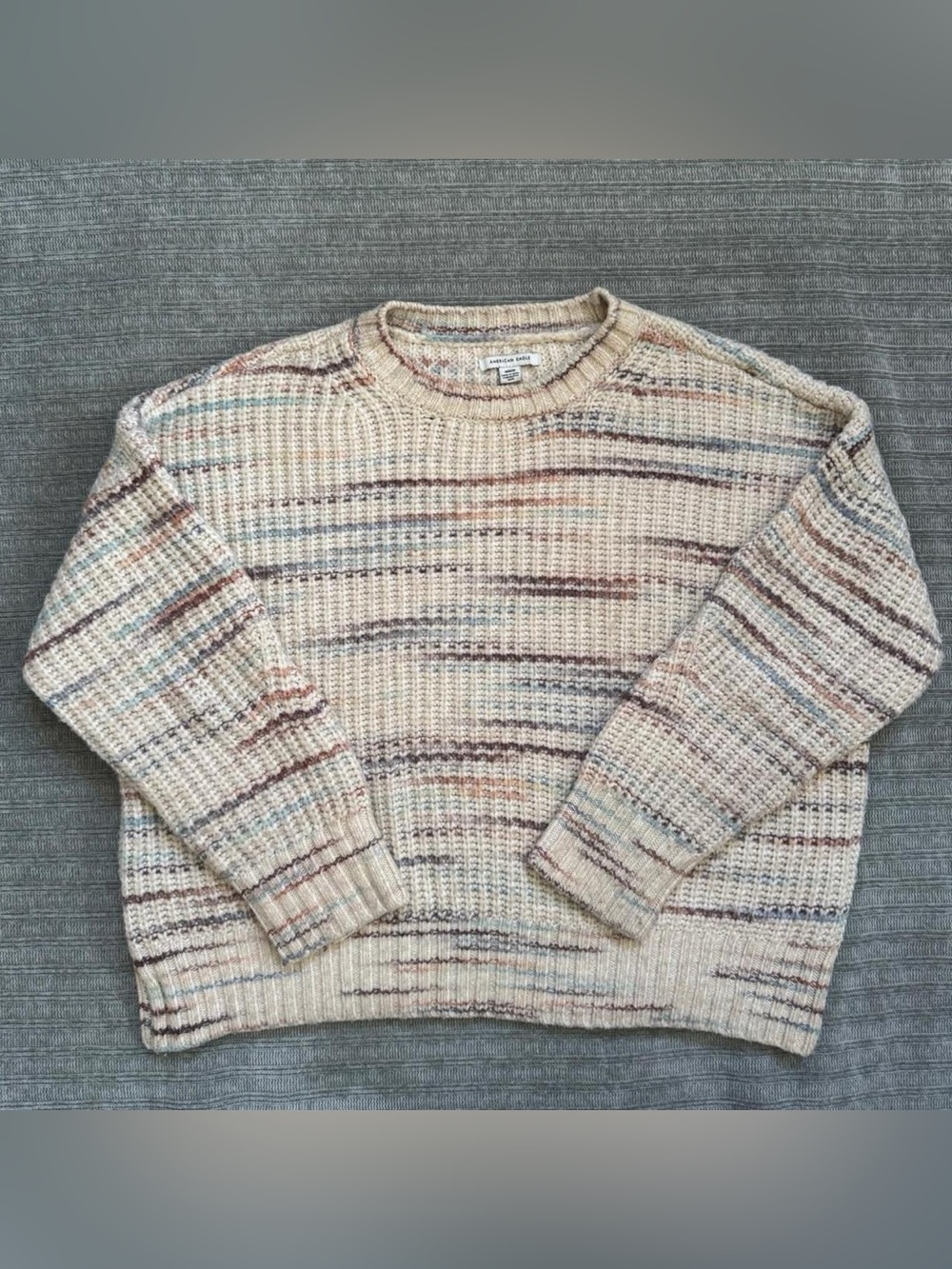 American Eagle Outfitters Cream Crewneck Sweater with Multicolor Stripes